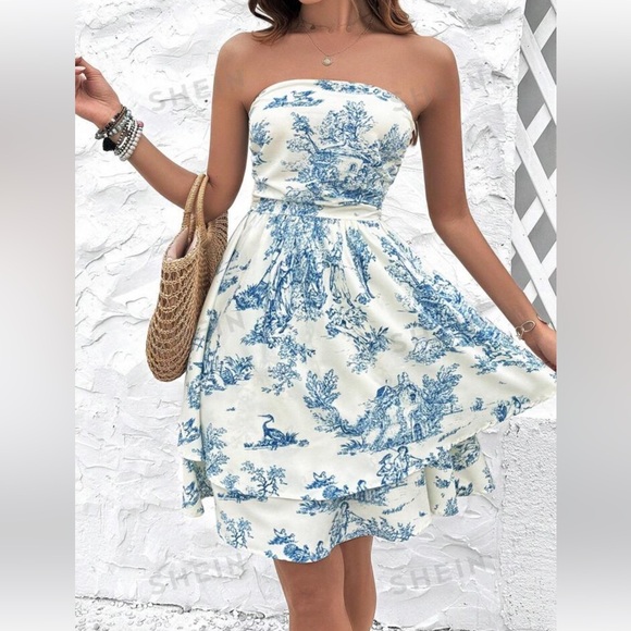 SHEIN Portrait Printed Strapless Dress, size XL(12) - Picture 2 of 5